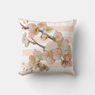 Coussin Fleurs florales doux orange pêche bandes blanches
