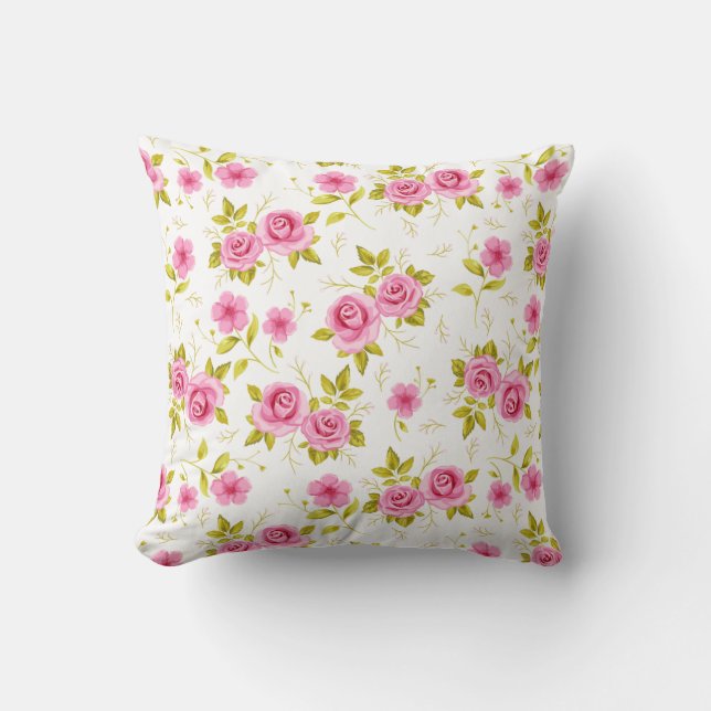Coussin Fleurs florales romantiques Rose Motif rose blanc (Recto)
