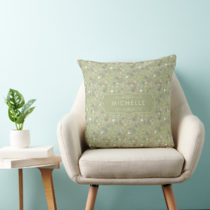 Coussin Fleurs Florales Rose Vert Sage Motif Bohème