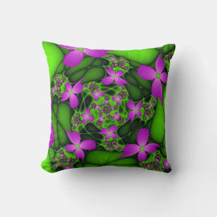 Coussin Fleurs fractales Abstraites de néon rose vert