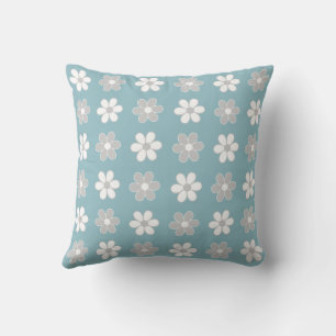 Coussin Fleurs gris clair et blanc sur Turquoise