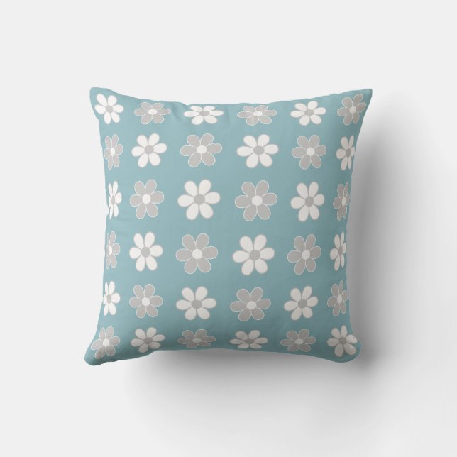 Coussin Fleurs gris clair et blanc sur Turquoise (Verso)