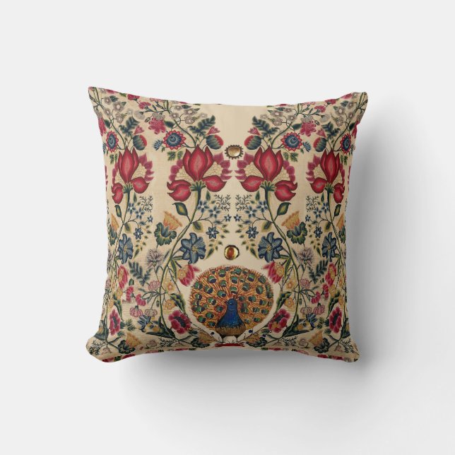 Coussin FLEURS JAUNES BLEU ROUGE ET PARACOCK Antique Flora (Recto)