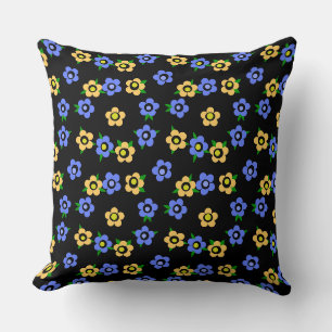 Coussin Fleurs jaunes bleues sur fond noir rétro
