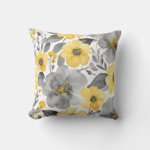 Coussin Fleurs Jaunes Et Gris En Aquarelles
