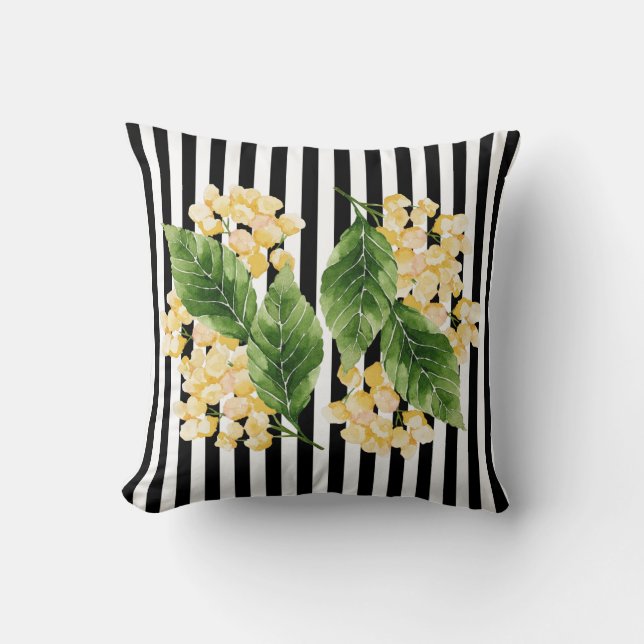Coussin Fleurs jaunes sur rayures noir et blanc (Recto)