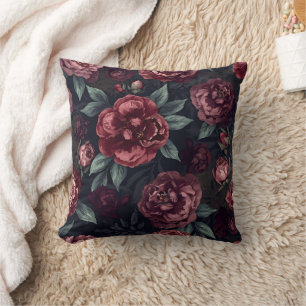 Coussin Fleurs lunatiques motif aquarelle rouge foncé