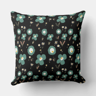 Coussin Fleurs marguerites Pastel Sage Blanc Jaune Noir