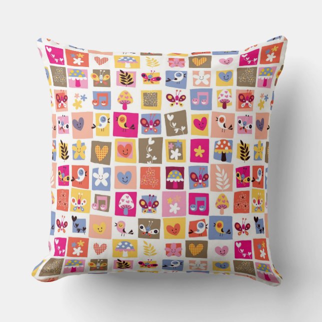 Coussin fleurs mignonnes, oiseaux, motif de carrés de (Recto)