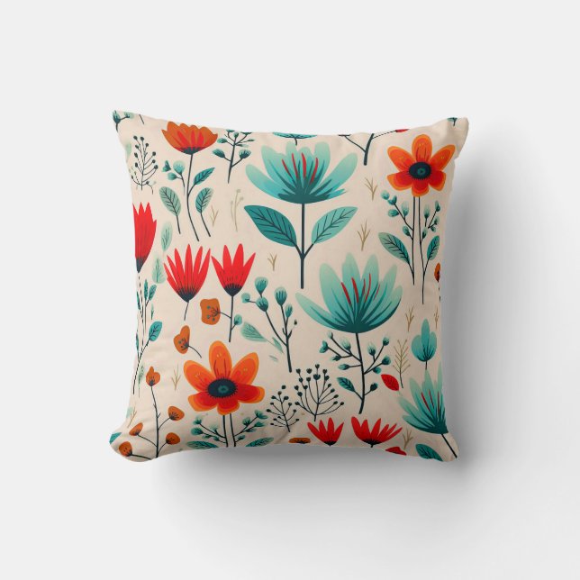 Coussin Fleurs Modernes, Bleues Et Oranges Du Milieu Du Si (Recto)