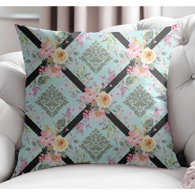 Coussin Fleurs modernes élégantes et Damas Floral bleu (Créateur téléchargé)