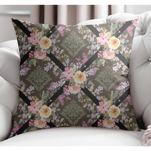 Coussin Fleurs modernes élégantes et Damas florales Brown