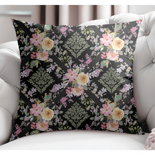 Coussin Fleurs modernes élégantes et Damas florales Noir