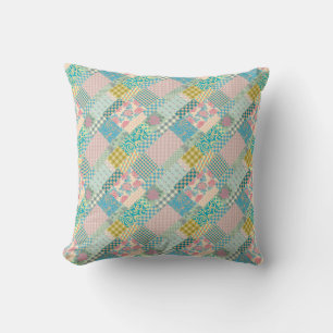Coussin Fleurs Motifs Patchwork Plaid Rectangle rose