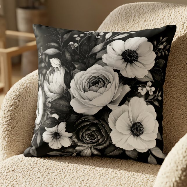 Coussin Fleurs Noir Et Blanc (Créateur téléchargé)