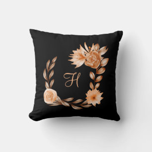 Coussin Fleurs noir marron et pêche monogrammées