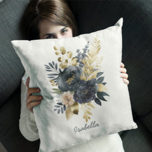 Coussin Fleurs noires dorées personnalisées à l'aquarelle 
