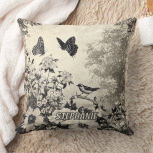 Coussin Fleurs, oiseaux et papillons sur papier vieilli (3