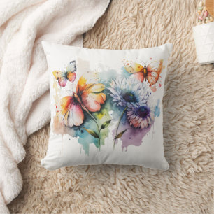 Coussin Fleurs Papillons Aquarelle Jaune Bleu Violet 