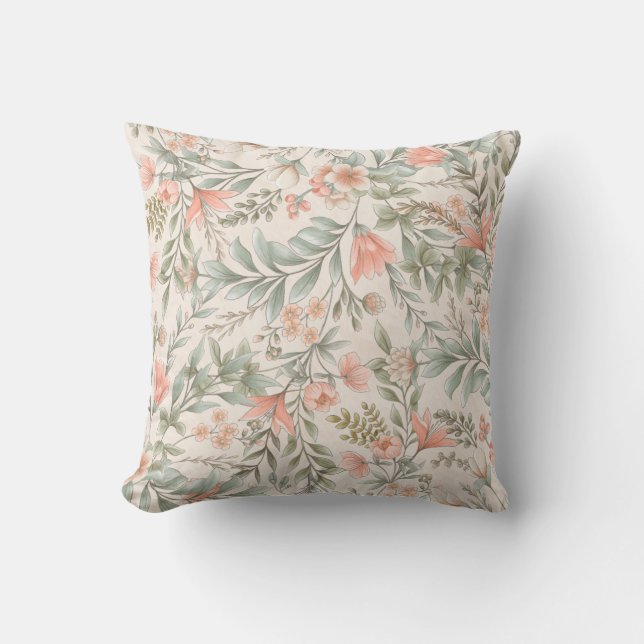 Coussin Fleurs partout Pêche et Sage Bleu (Recto)