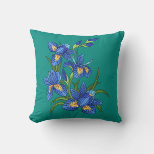 Coussin Fleurs peintes, joli iris bleu sur turquoise