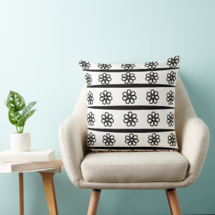 Coussin Fleurs Rayures Noir et Blanc Fleurs