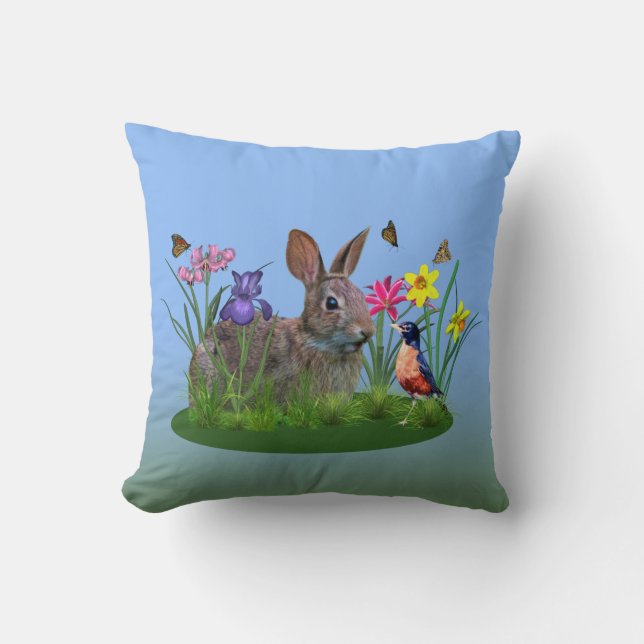 Coussin Fleurs, Robin, et lapin de ressort (Recto)