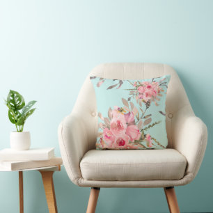 Coussin Fleurs rose pâle sur bleu clair