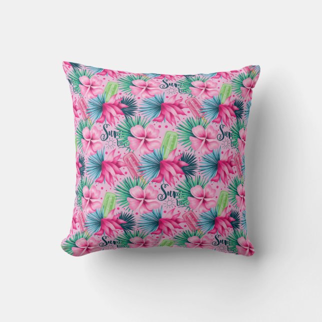 Coussin Fleurs Rose Vert Bleu Floral Tropical Lumineux (Recto)