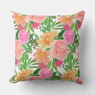 Coussin Fleurs roses à l'aquarelle sur fond blanc