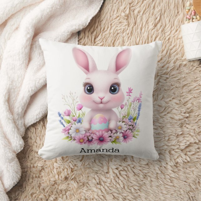 Coussin Fleurs roses de lapin mignonnes à l'oeuf de Pâques (Couverture)