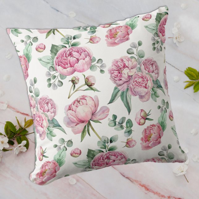 Coussin Fleurs roses et feuillage d'eucalyptus aquarelle (Watercolor Floral Throw Pillow)