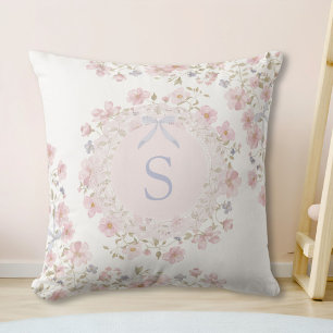 Coussin Fleurs roses et floral en dentelle à monogramme