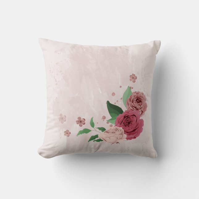 Coussin fleurs roses feuilles vertes  (Recto)