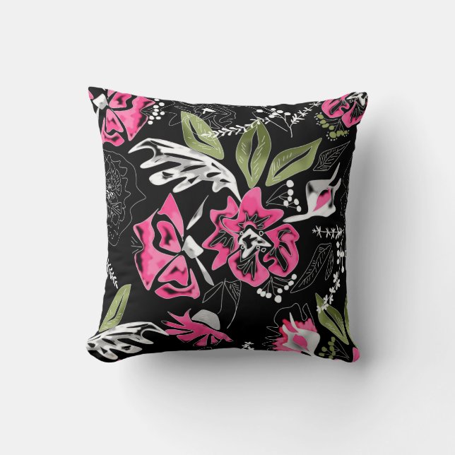 Coussin Fleurs roses florales vert feuille croquis (Recto)