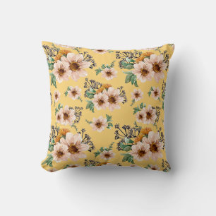 Coussin Fleurs roses fraîches sur Arrière - plan jaune sol