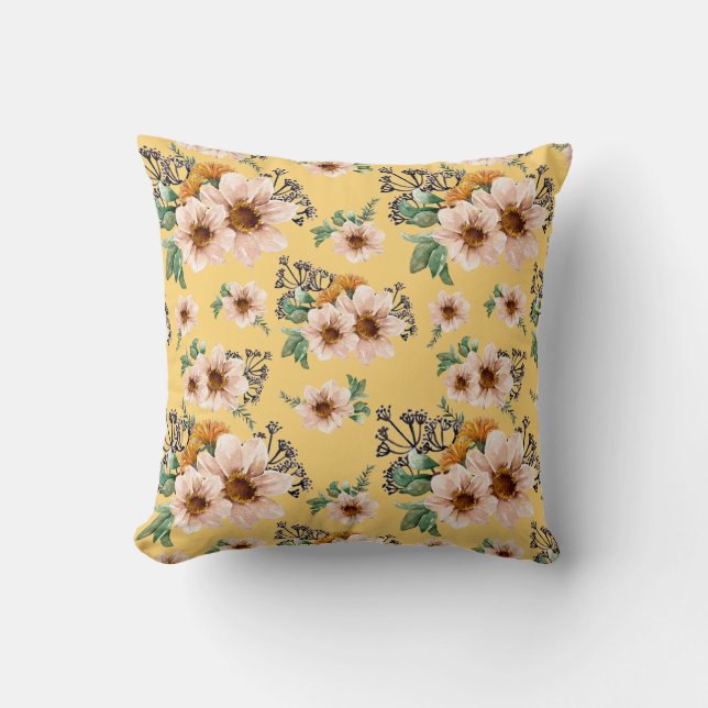 Coussin Fleurs roses fraîches sur Arrière - plan jaune sol (Recto)