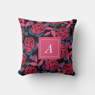 Coussin Fleurs roses noires élégantes monogramme