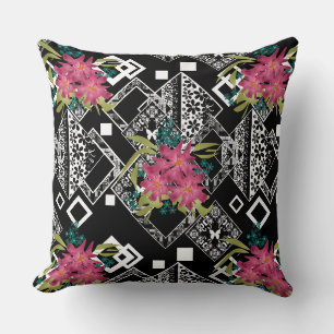 Coussin Fleurs roses sans joint floral ornemental noir bla