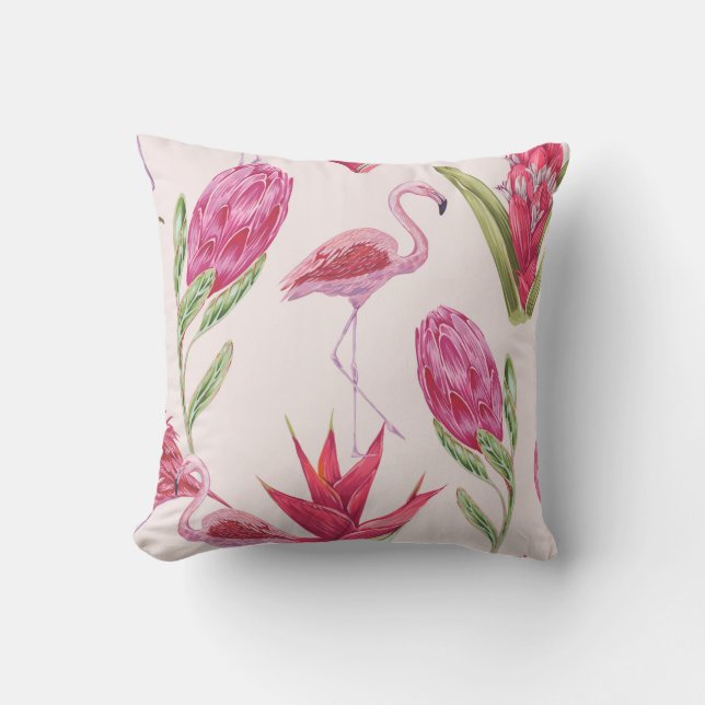 Coussin Fleurs roses tropicales, protéa, oiseau de paradis (Recto)