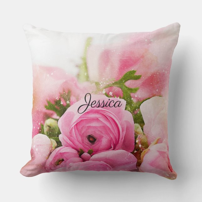Coussin Fleurs roses vintages avec votre nom (Recto)