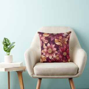 Coussin Fleurs Rouge Bourgogne Rosé