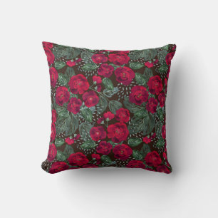Coussin Fleurs rouges, aquarelle motifs floraux.