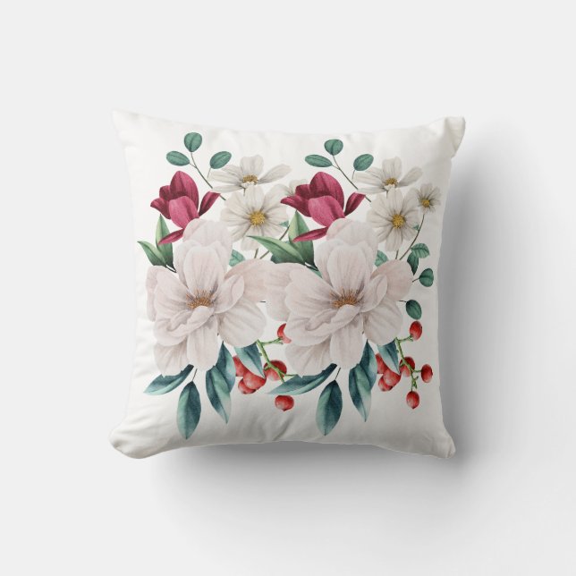 Coussin Fleurs Rouges Blanches Fleurs Floral Feuillage Bai (Recto)