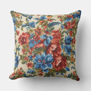 Coussin Fleurs rouges et bleues italiennes avec Feuilles l