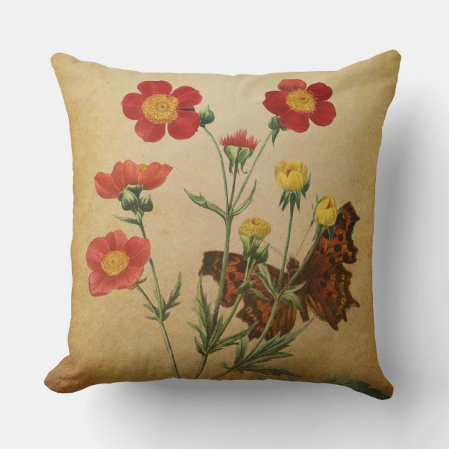 Coussin Fleurs rouges et papillon (Recto)