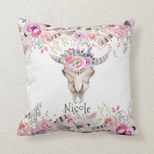 Coussin Fleurs rustiques crâne de vache Boho Chic Glam per