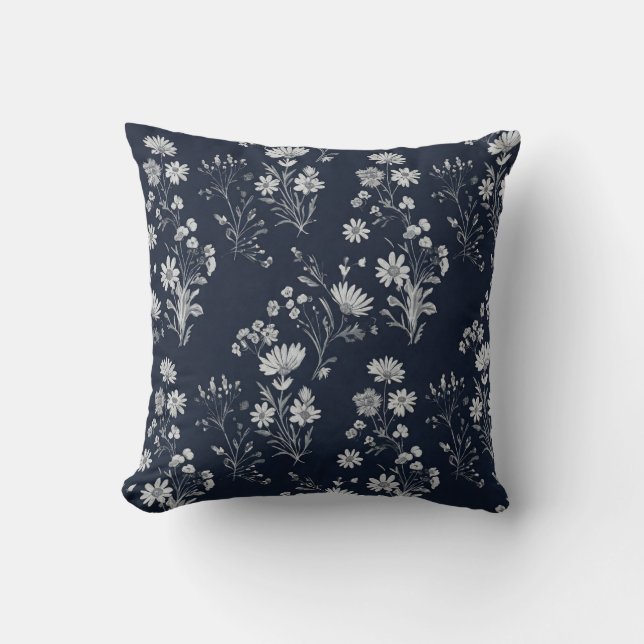 Coussin Fleurs sauvages blancs et crysanthimum bleu profon (Recto)