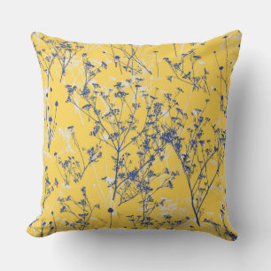 Coussin Fleurs sauvages Bleus Elégants sur la moutarde Jau
