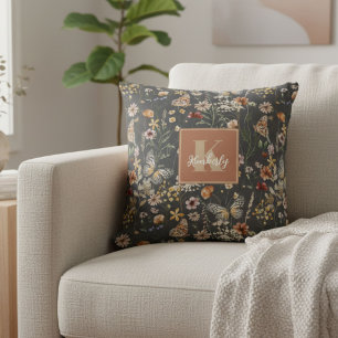 Coussin Fleurs sauvages bohèmes monogrammes gris charbon